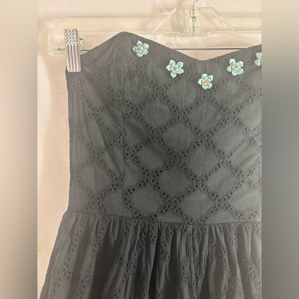 Y2K Strapless Dark Fairy Tulle Mini Dress with Blue Flower Embellishments Size S - Picture 3 of 16